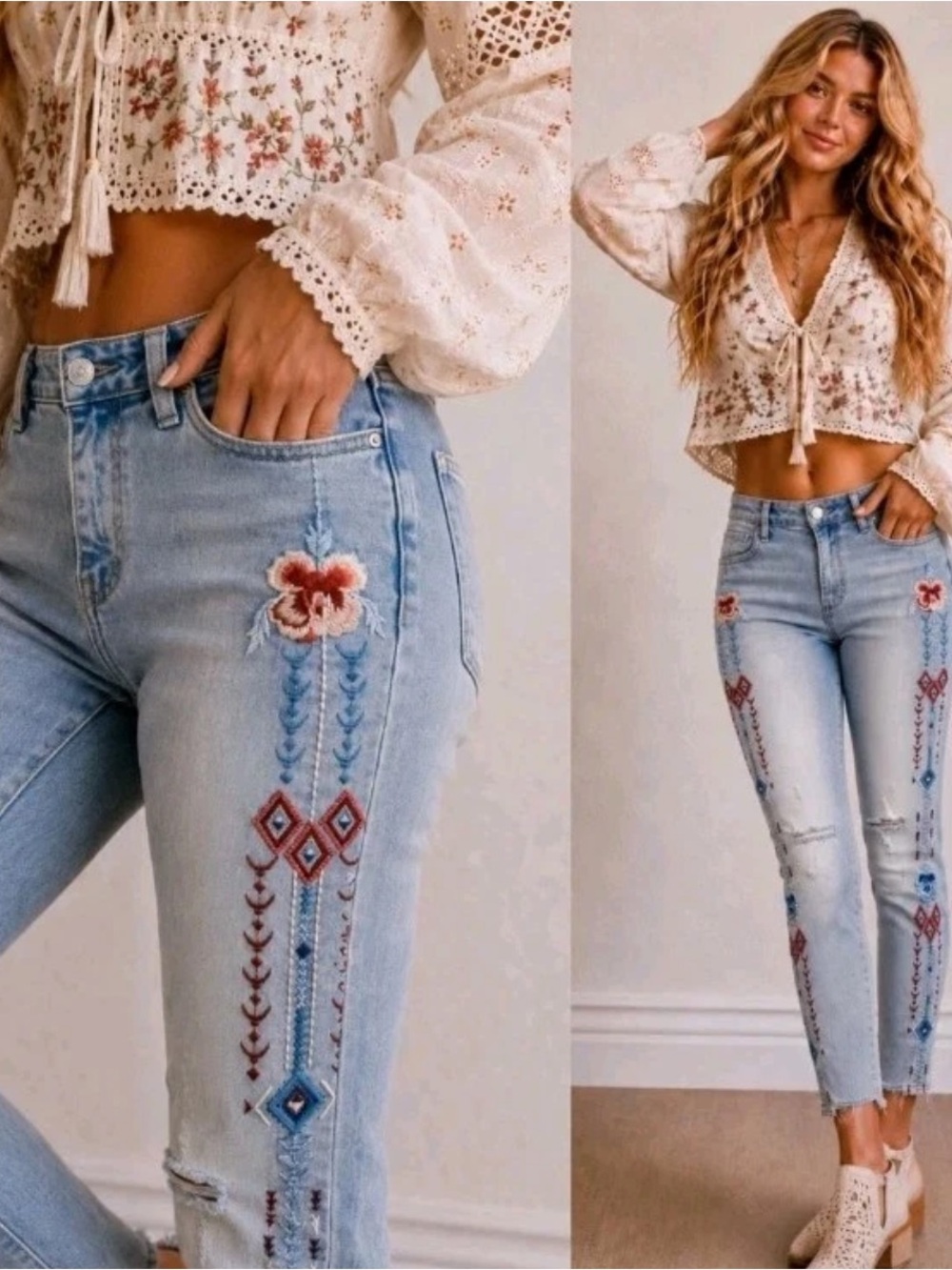 Driftwood Jackie skinny, stretchy floral embroidered frayed hem jeans Size 28